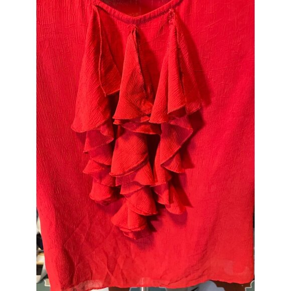 American Glamour Badgley Mischka Red Romantic Ruffle Puff Sleeve Top Sz S - Picture 4 of 8